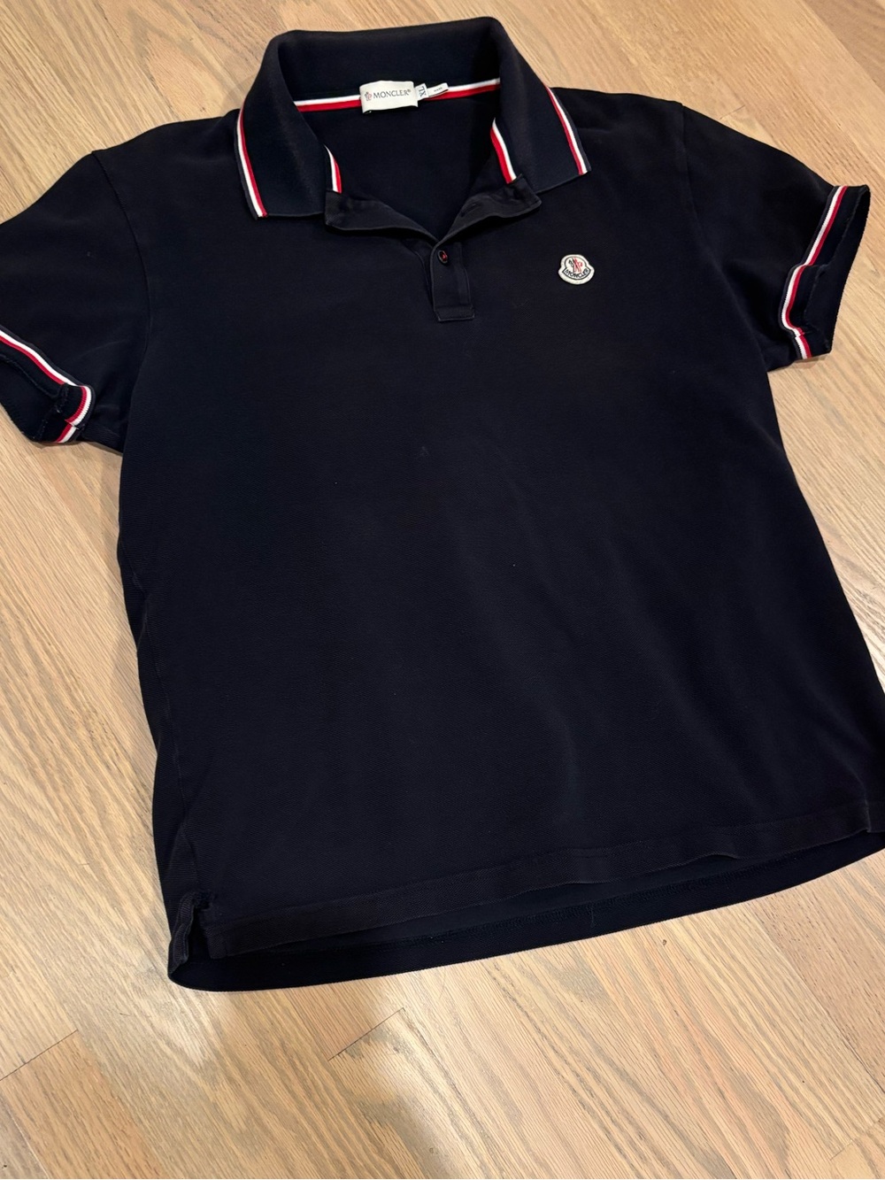 Moncler Black Classic Polo Tshirt with Red & White Stripe Trim Logo Size Small